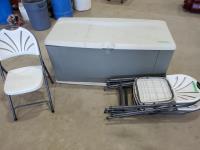 (5) Plastic Folding Chairs and Rubbermaid Outdoor Storage Box