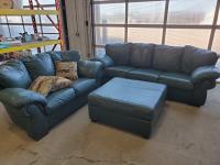 Green Leather Sofa, Loveseat , and ottoman 