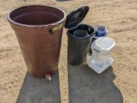    Rain Barrel & Various Size Garbage Containers