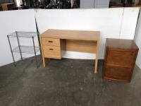    Desk, 2 Drawer Filing Cabinet & 3 Rack Wire Shelf 