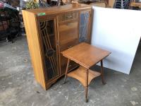    Antique Side Table W/ Brass feet & Antique Cabinet W/ Glass Doors 