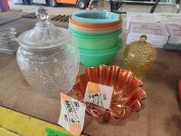  Avon Glass Jar, Anchor Hocking Glass Jar, Vintage Tupperware Bowls, and Coppper Molds
