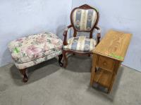 Vintage Parlor Chair, Foot Rest and End Table