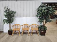 (3) Wood Bar Chairs and (2) Fake Plants