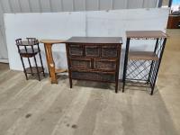 (3) Small Stands and Wicker Basket Storage Cabinet
