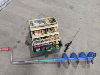 Tackle Box with Hooks, Ice Fishing Rod and Ice Auger