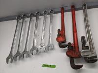 (6) Large Combination Wrenches & (3) Pipe Wrenches