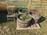 (3) Wood Barrel Planters & Antique Chair