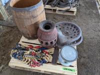 Nail Keg, (2) Metal Implement Seats, Spreaders, Rogers Syrup Can, Wagon Hub
