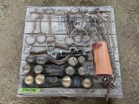 (3) Sets of Brass Bells, Leather Leg Protector, Miscellaneous Bits