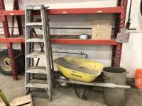 (2) Step Ladders, Wheelbarrow & Metal Garbage Can