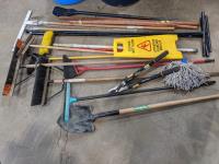 Qty of Assorted Brooms, Shovel, Pruning Shears