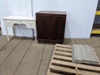 RCA Cabinet, Small Desk and (31) Pieces of 24 Inch X 6 Inch Tile