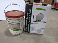 Back Pack Weed Sprayer & Pail of Aluminum Stock Trailer Cleaner 