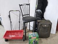 Earthway Spreader, Coleman TV Lantern, Suitcase, Chair and Rock Tamer