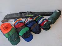 Qty of Assorted Hats, Plano Soft Gun Case, Mec Lightweight Tent and Sandwich Grill