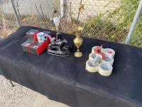 Lamp, Brass Vase, (6) Cups, Tape Gun W/ (6) Tape Rolls