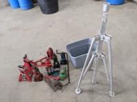 Tripod Stand, (2) Vices, (6) Bottle Jacks and (2) 3 Ton Axle Stands 