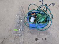 (6) Tomato Cages and Bin of Garden Supplies 