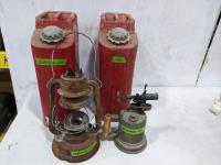 (2) Jerry Cans and (2) Vintage Oil Lamps 