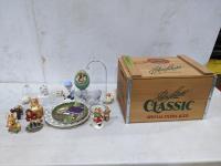 Wooden Box and Assortment of Ornaments 