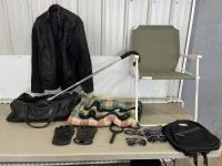 Leather Bag, Xl Jacket, Folding Chair, Blanket, Cane, Assorted Glasses