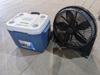 Coleman Wheeled Cooler and Sunbeam 18 Inch Fan