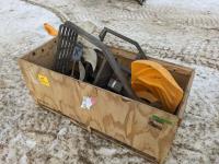 Wooden Tote of Misc Truck Exhaust Parts, Steps, Fan and Snow Shovel