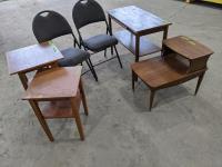 (2) Folding Chairs and (4) Wooden Side Tables
