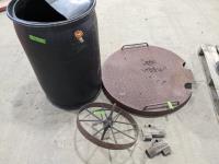 Poly Rain Barrel, Metal Spoke Wheel, Well Cover