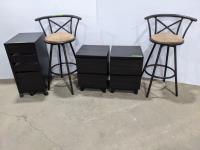(2) 30 Inch Bar Stools, (2) Side Tables and Rolling Cabinet