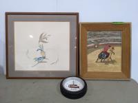 (2) Framed Paintings and Wurth Wall Clock