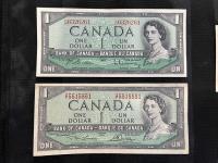(2) 1954 Canadian One Dollar Bills 