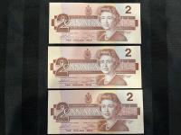 (3) 1986 Canadian Two Dollar Bills