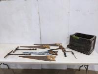 (4) Hand Saws, (3) Hand Drills and Canada Dry Crate 