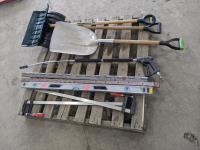 Qty of Misc Shovels, Levels, Clamps, Pressure Washer Gun, Hinges
