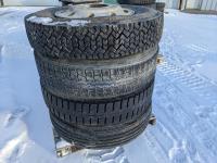 (4) Assorted 11R24.5 Tires On 10 Bolt Aluminum Rims