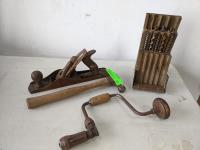 Vintage Hand Planer, Hammer, Hand Drill with Bits