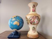 Vintage Globe and Hand Painted/Carved Vase