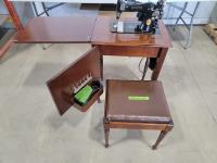 Singer Sewing Machine On Desk With Stool 
