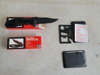(2) Black Stainless Folding Pocket Knives and (2) Multipurpose Pocket Survival Tool