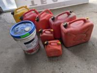 (7) Various Sized Jerry Cans and 5 Gallon Pail of 15W40 Oil (Unused)
