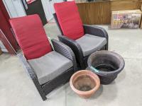 (2) Reclining Lawn Chairs and (2) Plant Pots