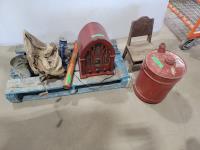 Antique Radio, Lantern, Oil Can, Childs Chair and Handseeder