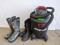 Shop-Vac 10 Gallon Vacuum and (2) Size 12 Rubber Boots