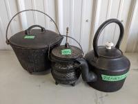 Antique Cast Iron Kettle, Cast Iron Pot and Fire Starter Pot