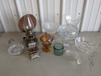Qty of Glass Items, Mini Cast Iron Stove and White Star Lamp