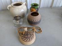 (3) Piece Pottery, Crock and Oil Lamp Base