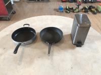 (2) Frying Pans w/ Small Garbage Can 