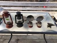 (4) Vintage Lanterns, Mini Anvil, Campfire Tools, Pump
